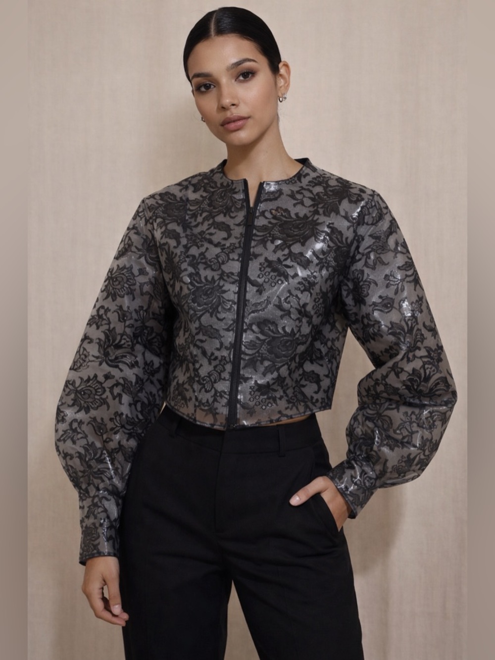 August Getty Lace PVC Sheer Cropped Jacket Statement Piece